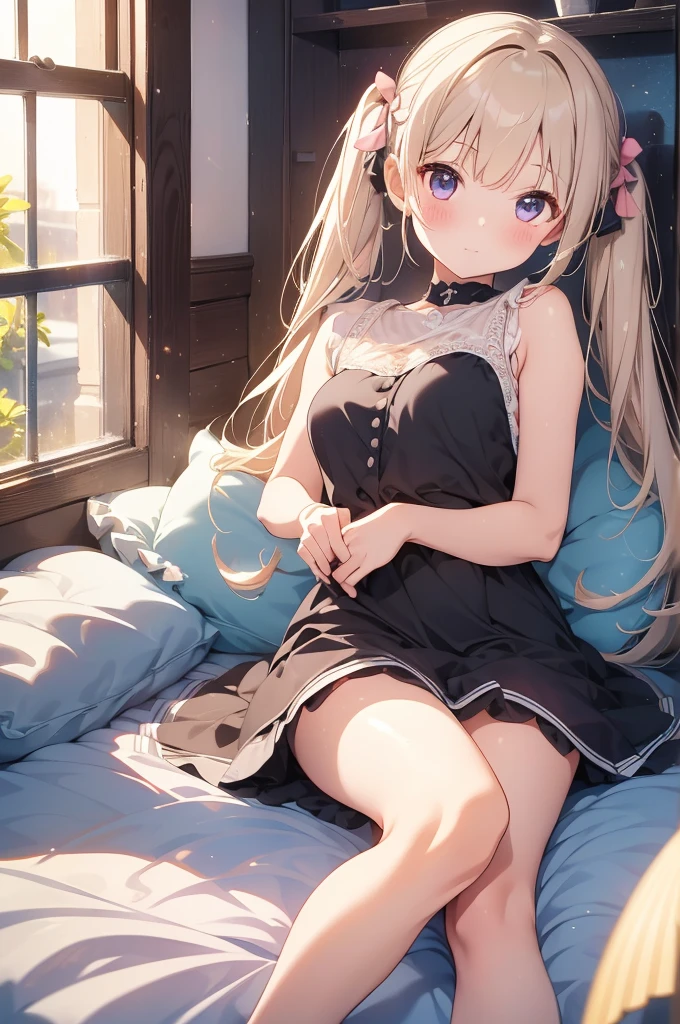 1girl, full body shot, (()), (Front, Young Face))), masterpiece, (Photorealistic),photograph、少女のphotograph、A face that is cute and beautiful down to the last detail、Beautiful Bangs、Glowing White Skin,Bangs between the eyes、Long twin tails、Blonde,Glamorous light and dark platinum blonde silky hair、(Cute pink princess dress:1.2), casual black solid leggings, sleeping on the bed, unconscious, Big, kind eyes, cute, absurdres, high res, ultrasharp, 8k, masterpiece