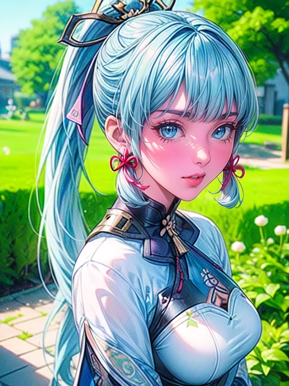 cute girl standing in a garden, beautiful detailed eyes, bright blue eyes, extremely detailed and beautiful face, (Kamisato Ayaka: 1.2), focused on the face, ponytail, Kamisato Ayaka (Genshin Impact), light blue hair, highly detailed hair, bangs, best lighting, excellent shadows, extremely detailed, vibrant Kitsune Udon