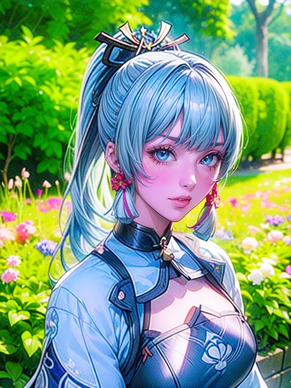 cute girl standing in a garden, beautiful detailed eyes, bright blue eyes, extremely detailed and beautiful face, (Kamisato Ayaka: 1.2), focused on the face, ponytail, Kamisato Ayaka (Genshin Impact), light blue hair, highly detailed hair, bangs, best lighting, excellent shadows, extremely detailed, vibrant Kitsune Udon