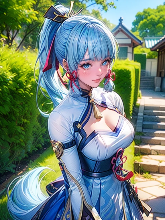 cute girl standing in a garden, beautiful detailed eyes, bright blue eyes, extremely detailed and beautiful face, (Kamisato Ayaka: 1.2), focused on the face, ponytail, Kamisato Ayaka (Genshin Impact), light blue hair, highly detailed hair, bangs, best lighting, excellent shadows, extremely detailed, vibrant Kitsune Udon