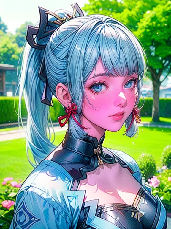 cute girl standing in a garden, beautiful detailed eyes, bright blue eyes, extremely detailed and beautiful face, (Kamisato Ayaka: 1.2), focused on the face, ponytail, Kamisato Ayaka (Genshin Impact), light blue hair, highly detailed hair, bangs, best lighting, excellent shadows, extremely detailed, vibrant Kitsune Udon