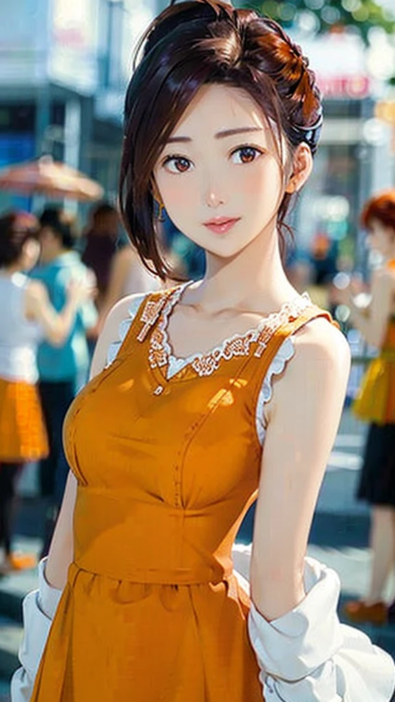 a woman posing on the street corner with orange dress on, best quality, 1girl, huge breasts, day, bright, blur background, bokeh, outdoor, (street:0.8), (people, crowds:1), (lace-trimmed dress:1.5, orange sleeveless dress, orange clothes:1.5, orange high-neck dress:1.5, orange dress: 1.5), gorgeous, (hair up:1.5), beautiful detailed sky, beautiful earrings, (dynamic pose:1), (upper body:0.8), soft lighting, wind, shiny skin, 