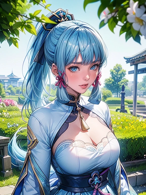 cute girl standing in a garden, beautiful detailed eyes, bright blue eyes, extremely detailed and beautiful face, (Kamisato Ayaka: 1.2), focused on the face, ponytail, Kamisato Ayaka (Genshin Impact), light blue hair, highly detailed hair, bangs, best lighting, excellent shadows, extremely detailed, vibrant Kitsune Udon