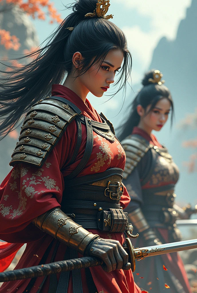 ((8k portrait of beautiful mixed asian female, side profile, masterpice, sidelighting)), long hair, detailed light samurai armor, ((blood red armor, black inner)), cinematic lighting, cherry blossoms, ash, melancholic, award winning photography, Popular on Deviant Art, Best of ArtStation, by WLOP, outdoor, oriental lighting