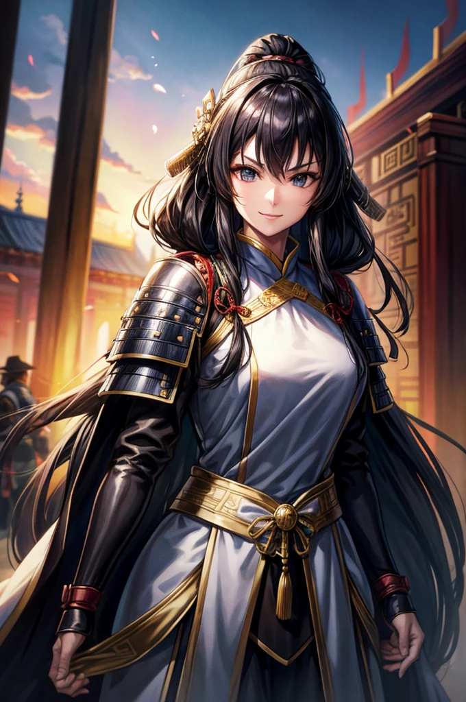 Armored１People Women, smile, clear, Hanfu, Wearing light armor, Tight waist, Long Hair, Black Hair, black eye, Five fingers, An old Chinese castle in the background, cinematic lighting, cowboy shot, anime, UHD, retina, masterpiece, accurate, anatomically correct, textured skin, super detail, high details, high quality, award winning, best quality, highres