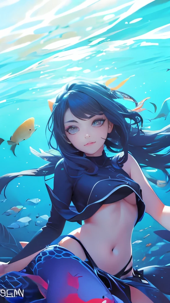 Highest quality,Highest Resolution,Girl swimming in the deep sea,A world like Christian Lassen,Dolphins and Killer Whales,coral,