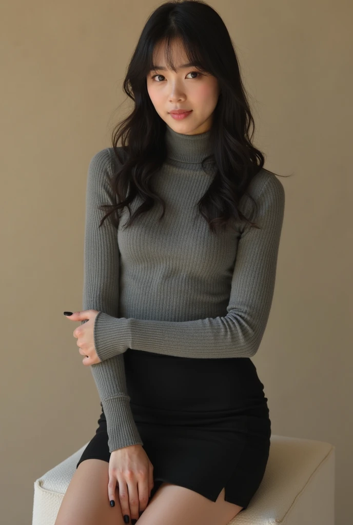 Sexy Hong Kong office lady in the office, Long knit shirt, Panties over skirt, (((Secret close-up selfie))), from the front, The body is slim, tired, Beautiful Face, Black straight hair, Soft lighting, Ultra-realistic, Beautiful body, Soft lighting