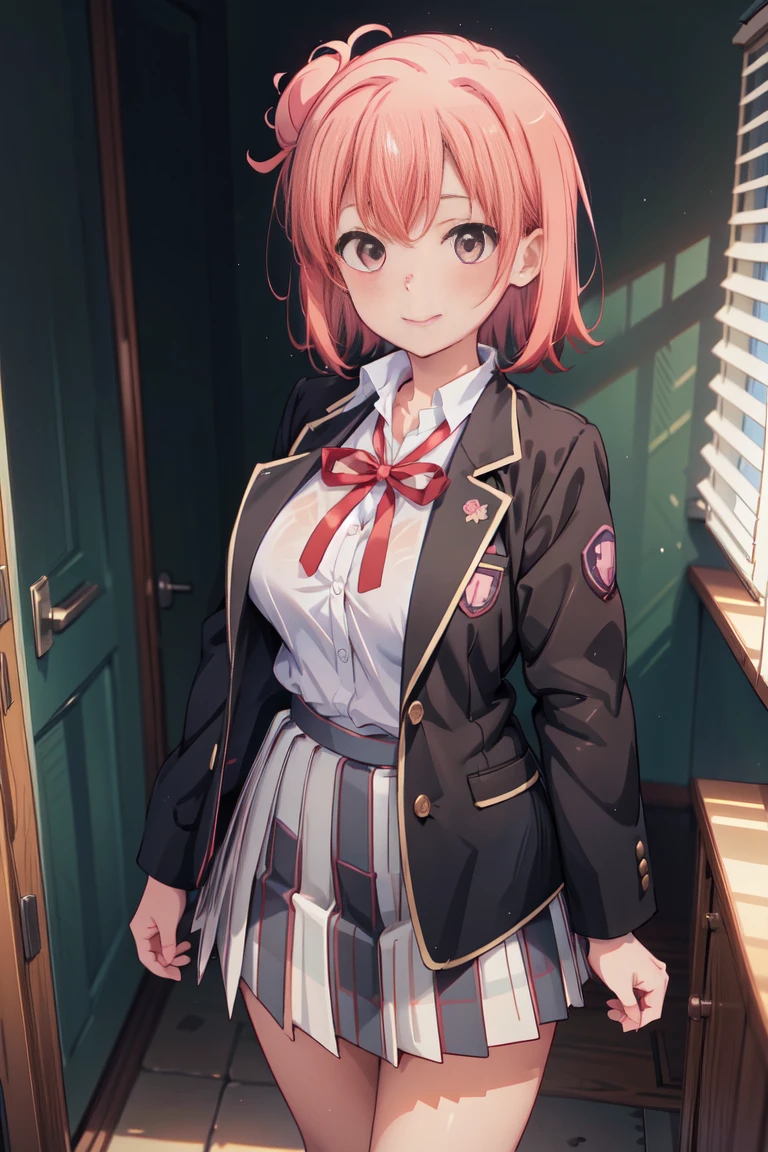 Best quality, masterpiece, highres, 1girl, Yuigahama yui, school uniform, Plaited skirt, short hair, red ribbon, white shirt, black jacket, big boobs, Standing, smile, school backgroundanime girl with pink hair and a black jacket standing in a room, smooth anime cg art, seductive anime girl, best anime 4k konachan wallpaper, photorealistic anime girl render, anime girl named lucy, anime visual of a cute girl, anime. soft lighting, visual novel cg, attractive anime girl, makoto shinka, noire moody scene