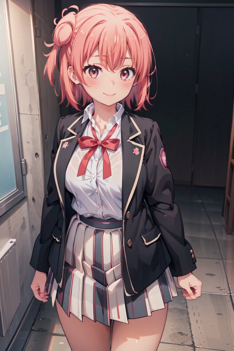 Best quality, masterpiece, highres, 1girl, Yuigahama yui, school uniform, Plaited skirt, short hair, red ribbon, white shirt, black jacket, big boobs, Standing, smile, school backgroundanime girl with pink hair and a black jacket standing in a room, smooth anime cg art, seductive anime girl, best anime 4k konachan wallpaper, photorealistic anime girl render, anime girl named lucy, anime visual of a cute girl, anime. soft lighting, visual novel cg, attractive anime girl, makoto shinka, noire moody scene