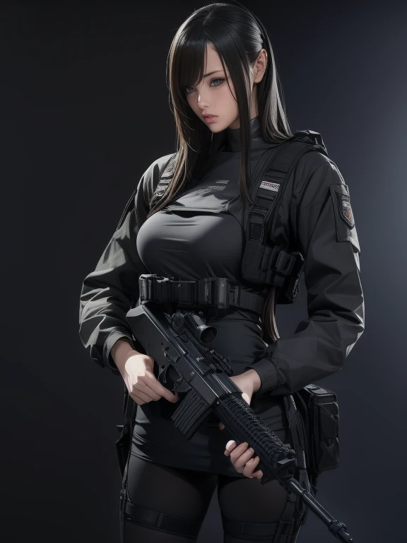 Best image quality、Amazing details、Ultra-high resolution、（realism：1.4）、（（Close：0.75））、One woman is very condensed、Beautiful and delicate face、Perfect proportions、Narrow your target audience、Small breasts）、Black Hair、（Red tech suit）、（A cyborg compared to a police uniform、、、Black and grey mech、Military Harness、Carrying an assault rifle、Hitch Tech Flamethrower Tank Transport）、Simple grey wall in the background、