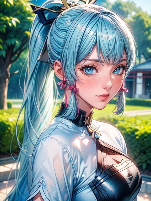 cute girl standing in a garden, beautiful detailed eyes, bright blue eyes, extremely detailed and beautiful face, (Kamisato Ayaka: 1.2), focused on the face, ponytail, Kamisato Ayaka (Genshin Impact), light blue hair, highly detailed hair, bangs, best lighting, excellent shadows, extremely detailed, vibrant Kitsune Udon