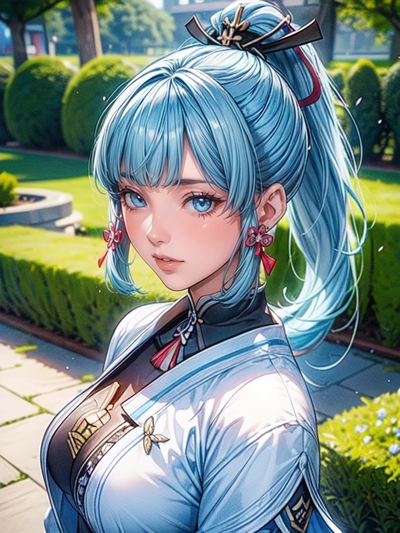 cute girl standing in a garden, beautiful detailed eyes, bright blue eyes, extremely detailed and beautiful face, (Kamisato Ayaka: 1.2), focused on the face, ponytail, Kamisato Ayaka (Genshin Impact), light blue hair, highly detailed hair, bangs, best lighting, excellent shadows, extremely detailed, vibrant Kitsune Udon