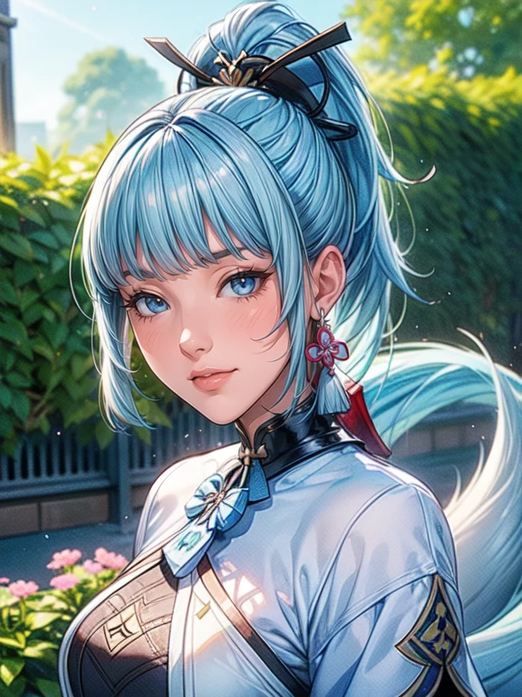 cute girl standing in a garden, beautiful detailed eyes, bright blue eyes, extremely detailed and beautiful face, (Kamisato Ayaka: 1.2), focused on the face, ponytail, Kamisato Ayaka (Genshin Impact), light blue hair, highly detailed hair, bangs, best lighting, excellent shadows, extremely detailed, vibrant Kitsune Udon