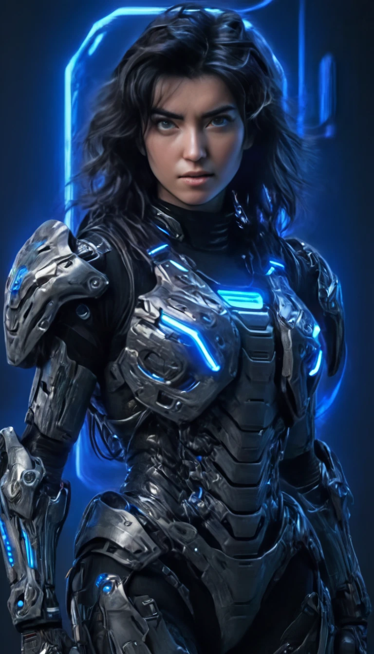 A woman wearing exoskeleton cyber armor, The armor fits snugly、She has a plasma gun in her hand., (Full body portrait), Maximum details, Detailed drawings and excellent quality, 8k,chest, blue eyes, High resolution, 超High resolution, Best Quality, Shortcuts, Black Hair, 大きなchest, (Cinematic Lighting Effects), ((High tech spaceship interior with futuristic blue light lighting)), ((Black Hair))，