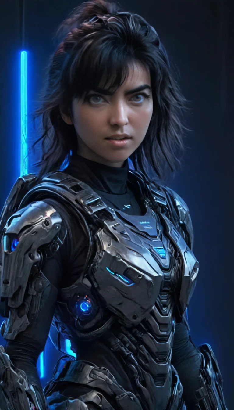 A woman wearing exoskeleton cyber armor, The armor fits snugly、She has a plasma gun in her hand., (Full body portrait), Maximum details, Detailed drawings and excellent quality, 8k,chest, blue eyes, High resolution, 超High resolution, Best Quality, Shortcuts, Black Hair, 大きなchest, (Cinematic Lighting Effects), ((High tech spaceship interior with futuristic blue light lighting)), ((Black Hair))，