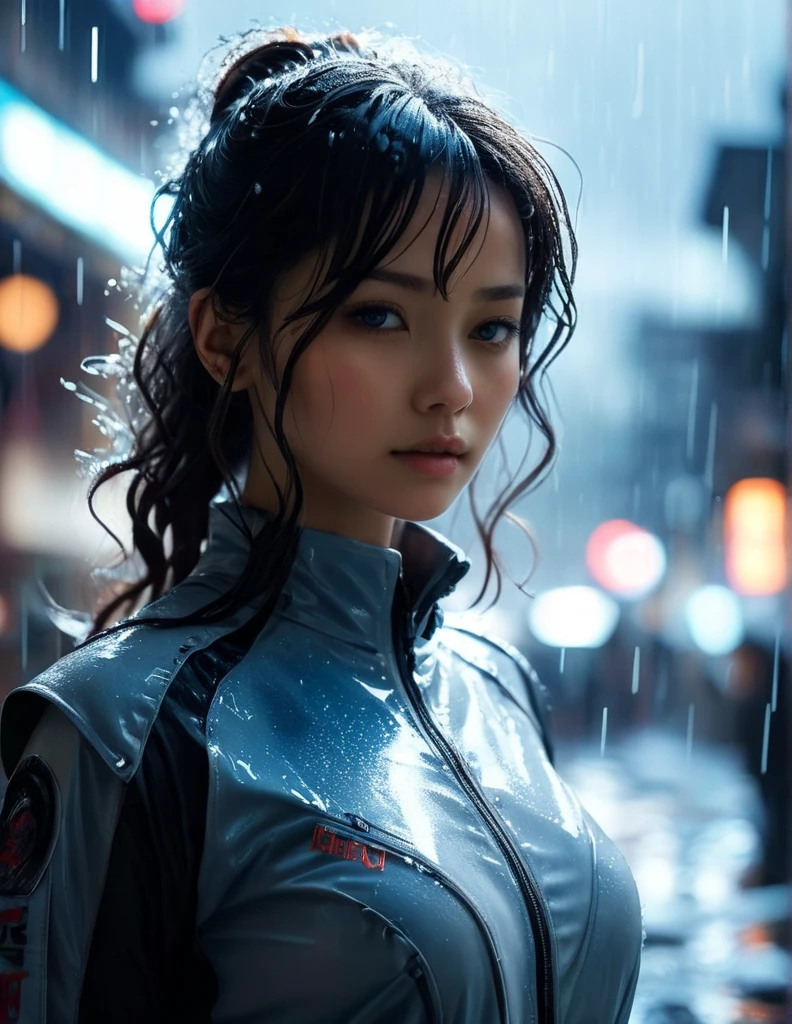 intricate details, HDR, beautifully shot, hyperrealistic, sharp focus,  megapixels, perfect composition, high contrast, cinematic, atmospheric, moody, one beautiful young asian girl walking in the rain, cyberpunk ninja outfit. Hyperdetails, heavy rain, wet hair, wet floor, High-tech equipment with signs of friction, some surface peeling and dirt., cinematic light, rain drops on her cloth, moisture-filled atmosphere, dangerous atmosphere, tense atmosphere, tension-filled atmosphere, Cinematic film still, shot on v-raptor XL, film grain, vignette, color graded, post-processed, cinematic lighting, 35mm film, live-action, best quality, atmospheric, a masterpiece, epic, stunning, dramatic, Epic cinematic brilliant stunning intricate meticulously detailed dramatic atmospheric maximalist digital matte painting Professional photography, bokeh, natural lighting, canon lens, shot on dslr  megapixels sharp focus 