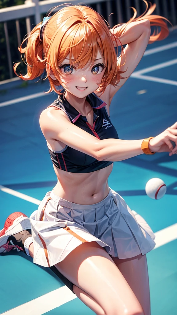 The upper part of the body、an oil painting、masterpiece、top-quality、hight resolution、Orange hair、Women Fighting、Cheergirl clothes、Small cleavage、Black bloomers、distressed face、Sweaty skin、school ground、blue-sky、tiny chest、Pants peeking out of the skirt、Doing a high kick