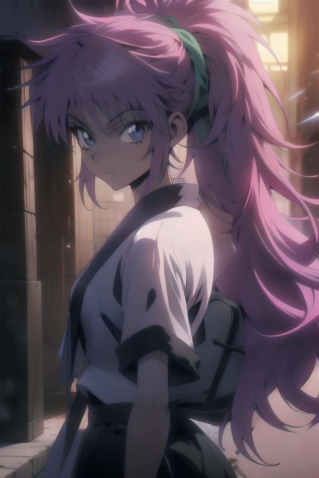 Machi Komacine, with her long pink hair tied in a high ponytail, stands in a quiet, dimly lit alleyway. She wears her signature blue and purple traditional-style outfit, exuding a calm but dangerous aura. Her sharp blue eyes focus intently ahead as she manipulates nearly invisible Nen threads between her fingers, ready to strike or heal as needed. The threads glow faintly in the dim light, highlighting her precision and control. The background features faint shadows of a cityscape, but Machi remains the central focus, her expression cold and unreadable, reflecting her composed yet lethal nature.