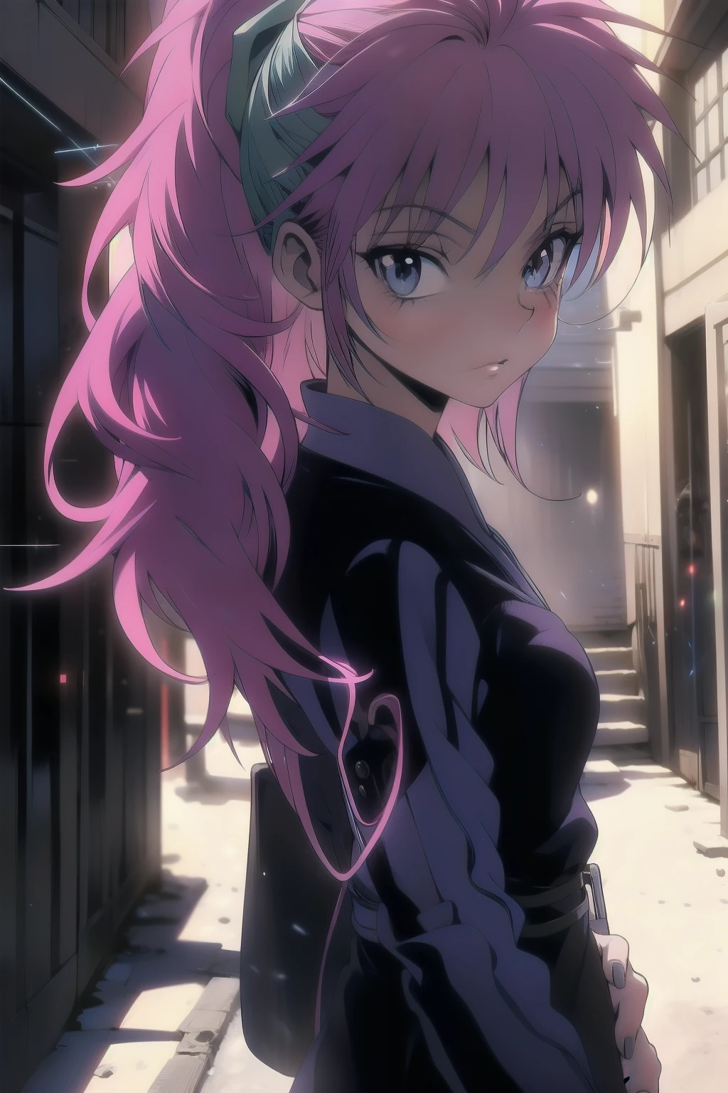 Machi Komacine, with her long pink hair tied in a high ponytail, stands in a quiet, dimly lit alleyway. She wears her signature blue and purple traditional-style outfit, exuding a calm but dangerous aura. Her sharp blue eyes focus intently ahead as she manipulates nearly invisible Nen threads between her fingers, ready to strike or heal as needed. The threads glow faintly in the dim light, highlighting her precision and control. The background features faint shadows of a cityscape, but Machi remains the central focus, her expression cold and unreadable, reflecting her composed yet lethal nature.
