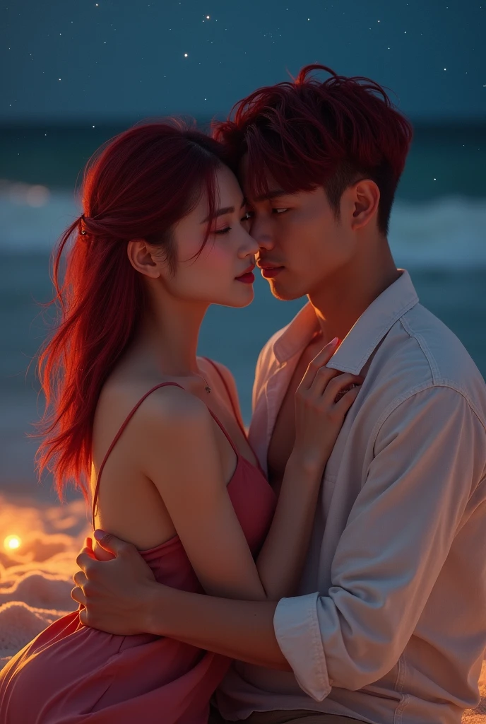 Young Korean woman side profile kneeling long reddish brown hair with wavy bangs pale fair skin blue eye wearing a white dress kissing a young Korean man coming out of the sea shirtless with purple blue and red mermaid tail side profile wavy purple hair purple eyes pale fair skin with coming out of the sea on a shore at sunset side perspective 