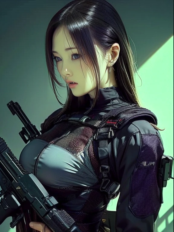 Best image quality、Amazing details、Ultra-high resolution、（realism：1.4）、（（Close：0.75））、One woman is very condensed、Beautiful and delicate face、Perfect proportions、Narrow your target audience、Small breasts）、Black Hair、（High-tech suit）、（A cyborg compared to a police uniform、、、Black and grey mech、Military Harness、With a handgun in each hand、Hitch Tech Flamethrower Tank Transport）、Simple grey wall in the background、