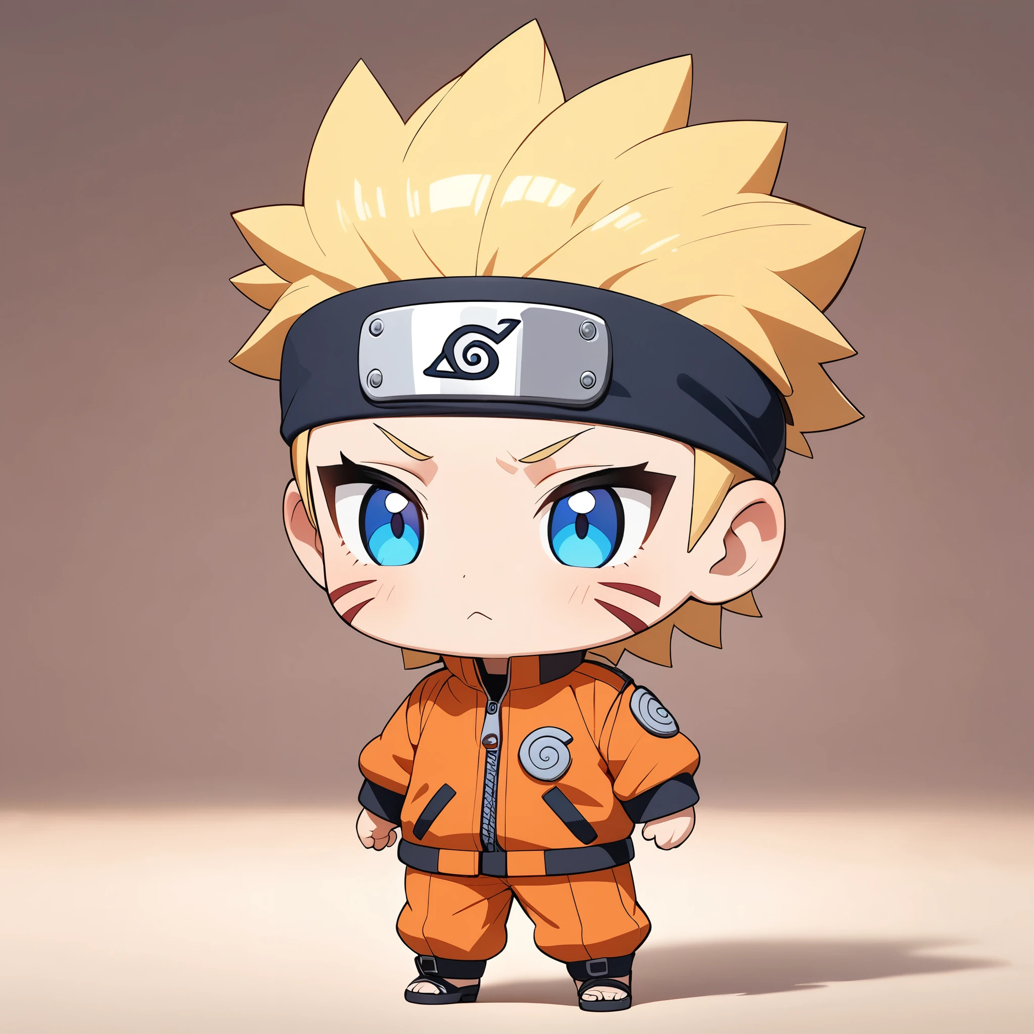 Chibi Character, Chibi cute, Deformation, Deformationキャラクター, Naruto, Narutoスタイル, Facial scars, Forehead protector, The symbol of Konohagakure, Orange jacket, Orange trousers, Light blue eyes, Blonde, Spiked Hair, Beard pattern, Very detailed, 8k, (Beautiful CG illustrations, Anime Style:1.2), Photorealistic, Fluffy fabric, Soft lighting, Plain_Single color background, Dreamy, Whimsical, Magical realism,