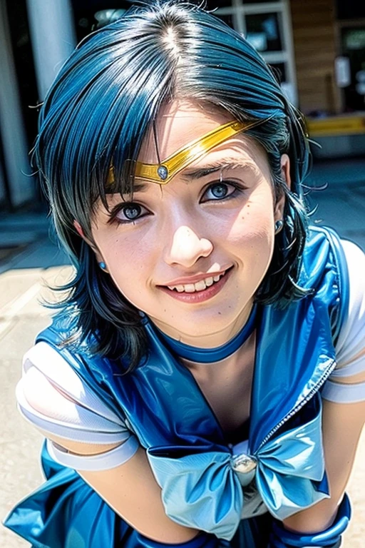 (realistic, photo-realistic:1.4), (best quality,masterpiece:1.2), RAW photo, high resolution, intricate details, extremely detailed, sharp focus, cinematic lighting, (full body, frontal photography), solo, 1girl, sailor mercury, mer1, AmiMizuno, a Japanese female idol wearing a sailor senshi uniform, smuniform, (jewelry, circlet, crescent earrings, blue sailor collar, neck ribbon, blue knee boots, white elbow gloves, blue choker, blue skirt), (short hair), (blue hair:1.8), (face focus, all fours:1.2), cute and child-like face, (detailed face, detailed eyes, beautiful pupils, sophisticated nose, big smile), pale skin, fine-textured skin, (perfect anatomy, prefect hands), photo background, outdoors, cityscape, daytime, blue sky and clouds,