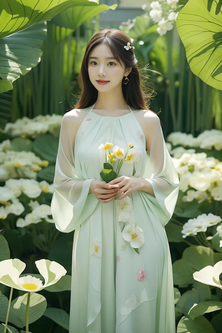 A beautiful cute young woman standing gracefully in a vibrant garden filled with blooming flowers, holding a glass of nutritious plant-based milk. The scene is bright and refreshing, with soft sunlight illuminating the colorful flowers and greenery around her. The label design should be elegant and natural, emphasizing health and vitality, with the plant-based milk featured prominently alongside the serene and graceful image of the woman. The overall aesthetic is modern, fresh, and appealing, with soft pastel colors and detailed floral elements."