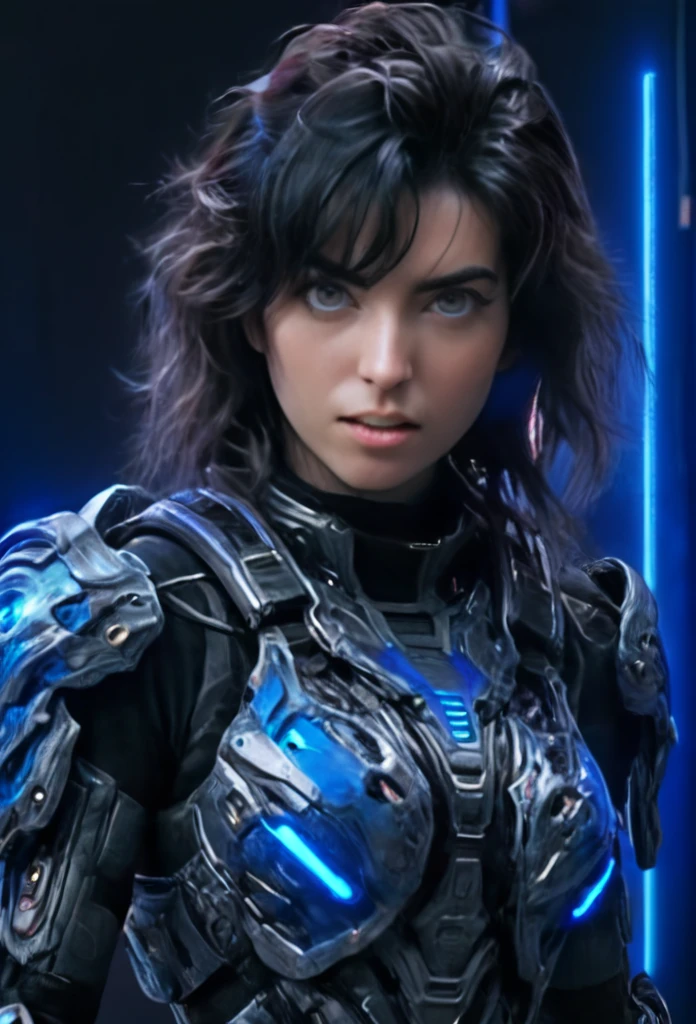 A woman wearing exoskeleton cyber armor, The armor fits snugly、She has a plasma gun in her hand., (Full body portrait), Maximum details, Detailed drawings and excellent quality, 8k,chest, blue eyes, High resolution, 超High resolution, Best Quality, Shortcuts, Black Hair, 大きなchest, (Cinematic Lighting Effects), ((Hi-tech spaceship interior with futuristic blue lighting)), (((Black Hairボブカットヘアー)))，Bob Hair, 