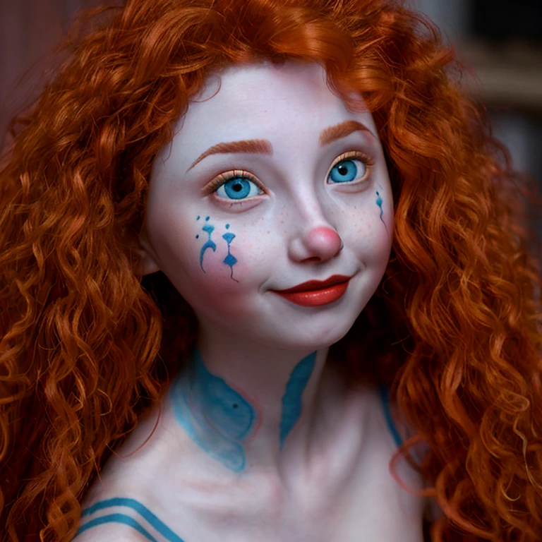 (1 teen slim Merida with clown makeup). very tattooed. house. shy smile, perfect blue crystal eyes, look at the viewer, high details, cute face, sensual, provocative, nice breasts, oiled up body, perfect pale skin, standing, perfect body, charming, seductive, red lipstick,