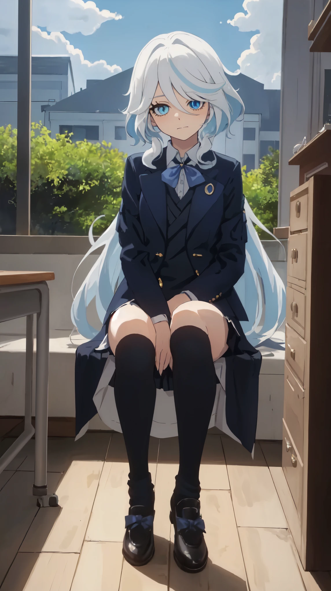 Forrina,1 Girl,Solitary,Long hair,Ahog,Blue Eyes,White hair,Blue Hair,Bangs,(Heterochromia:1.2),
(School Uniform, Black knee-high socks:1.2),
A faint smile,Anime screen,HDR,absurd,
1 Girl,
,  (masterpiece,:1.2),absurd