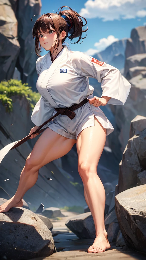 Kamehameha、naked、pubic hair、female organ、beautiful female karateka、brown hair up style、((whole body))、(((photo taken from below)))、waterfall、snow