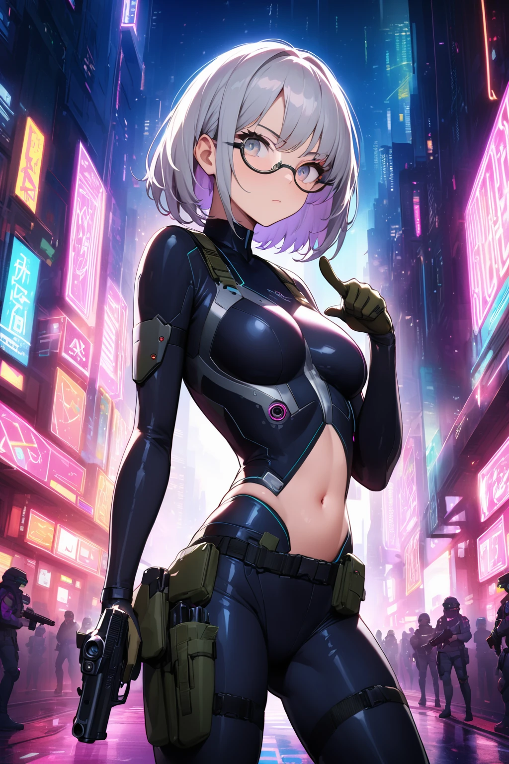 (8k, RAW photo, best quality, masterpiece: 1.45), Beautiful delicate face, young girl, white hair, ((kpop idol )), ((half nude)), spread, sensual pose, hot, sheerblack(high leg cut leotard), pale skin, {{messy short}}, (huge breasts:1.05), bangs, attractive curves, small pelvis, ((standing)), streets, glowing skin, cyberpunk colors, neon, techsuit, mecha, extremely hot, naughty, (((puffynipple, puffy areolas))), pubic hair, ((spread legs), camel toe, cameltoe, hard shape, vulvashaped:1.25), (upper body:1.15), (sfw:1.45)