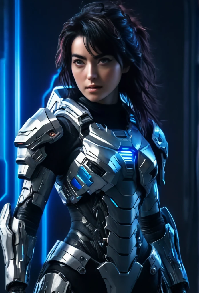 A woman wearing exoskeleton cyber armor, The armor fits snugly、She has a plasma gun in her hand., (Full body portrait), Maximum details, Detailed drawings and excellent quality, 8k,chest, blue eyes, High resolution, 超High resolution, Best Quality, Shortcuts, Black Hair, 大きなchest, (Cinematic Lighting Effects), ((Hi-tech spaceship interior with futuristic blue lighting)), ((Black Hair))，((Vivid Blue Eyes))，