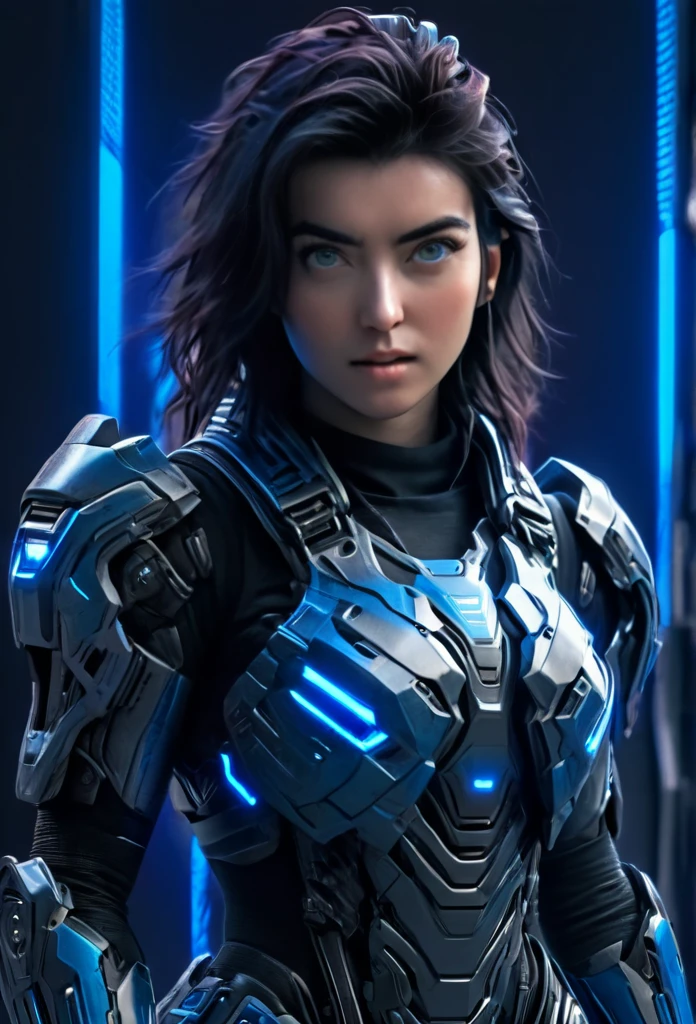 A woman wearing exoskeleton cyber armor, The armor fits snugly、She has a plasma gun in her hand., (Full body portrait), Maximum details, Detailed drawings and excellent quality, 8k,chest, blue eyes, High resolution, 超High resolution, Best Quality, Shortcuts, Black Hair, 大きなchest, (Cinematic Lighting Effects), ((Hi-tech spaceship interior with futuristic blue lighting)), ((Black Hair))，((Vivid Blue Eyes))，