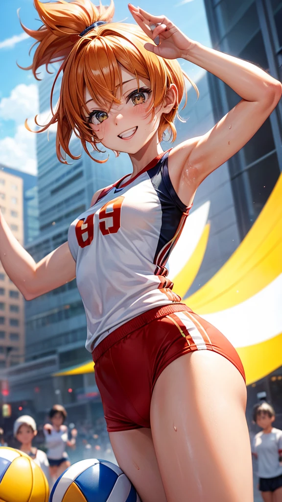fly in the sky,girl1people,Futuristic Building,fly in the sky,blue sky,Flowing Clouds,Be on the roof,crawling on all fours,Looking up at the sky in the distance,short hair,Shortcuts,Red hair color,blue eyes,,boyish,アジアpeople,smile,Primary schokin,Are thin,freckles,White shorts,White tank top,Red jacket,High angle,
