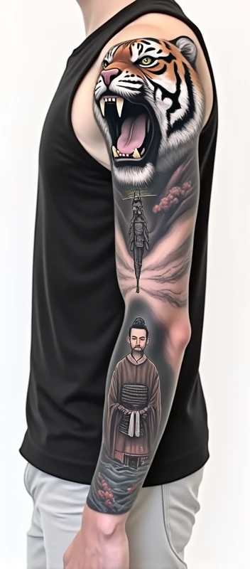 Forearm tattoo of a man holding his two children in his arms, he protects his children from the falling rain, rain is actually sand flowing from an hourglass