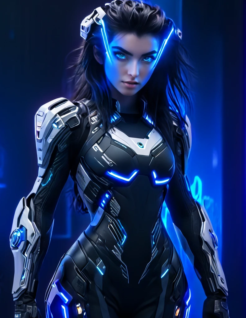 A woman wearing exoskeleton cyber armor, The armor fits snugly、((She has a plasma gun in her hand)), Full body photo, Maximum details, Superior quality through precise drawings, 8k,chest, blue eyes,  High resolution, 超High resolution, Best Quality, Shortcuts, Big chest, Cinematic Lighting Effects, Futuristic beautiful black hair woman, Shining blue eyes, Cyberpunk style woman, ((Hi-tech spaceship interior with blue light illumination)), High-quality images、Black Hair, Shortcuts, 