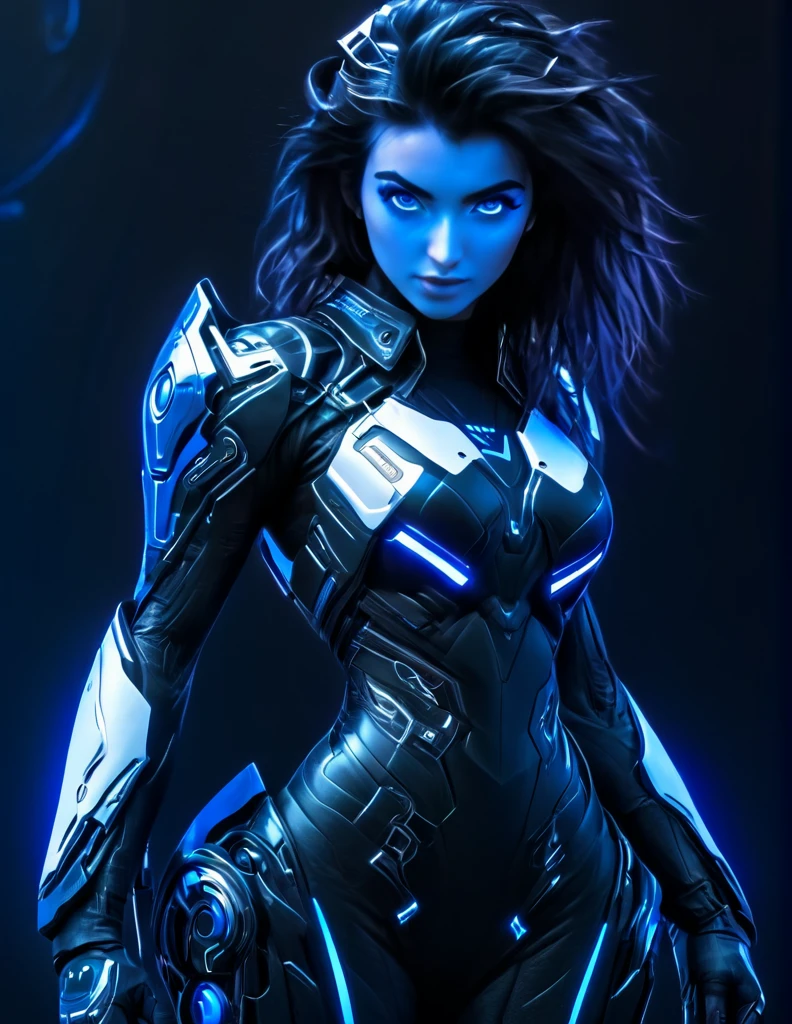 A woman wearing exoskeleton cyber armor, The armor fits snugly、((She has a plasma gun in her hand)), Full body photo, Maximum details, Superior quality through precise drawings, 8k,chest, blue eyes,  High resolution, 超High resolution, Best Quality, Shortcuts, Big chest, Cinematic Lighting Effects, Futuristic beautiful black hair woman, Shining blue eyes, Cyberpunk style woman, ((Hi-tech spaceship interior with blue light illumination)), High-quality images、Black Hair, Shortcuts, 