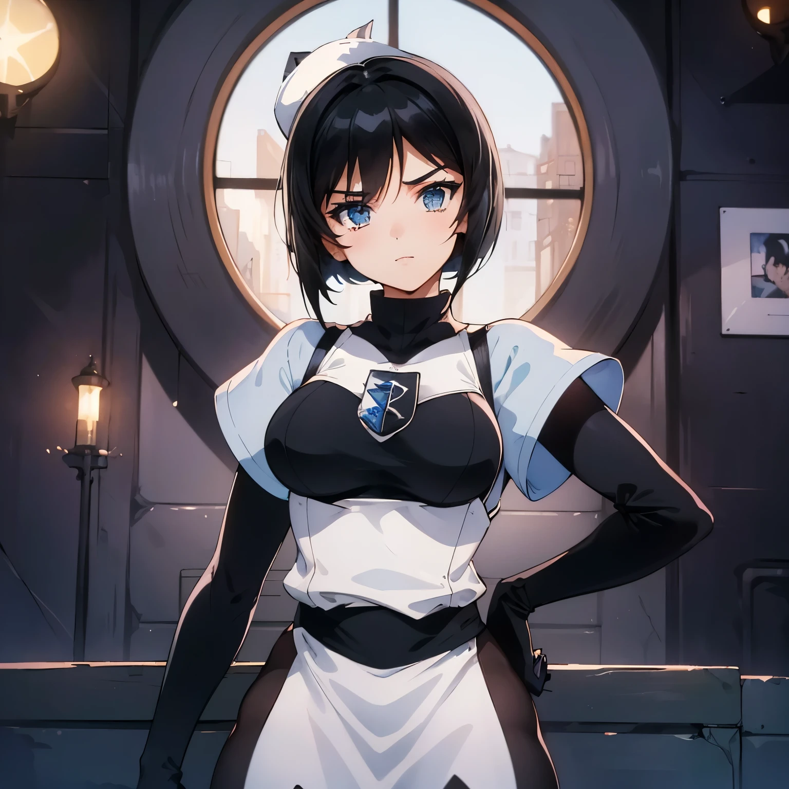 (insanely detailed, beautiful detailed face, masterpiece, best quality), ((masterpiece)),((best quality)),(highres), bokeh, looking at viewer, cowboy shot, pkmntpg, hood, white dress, blue gloves, black pantyhose, kotomi takanashi, short hair, black hair,black eyes