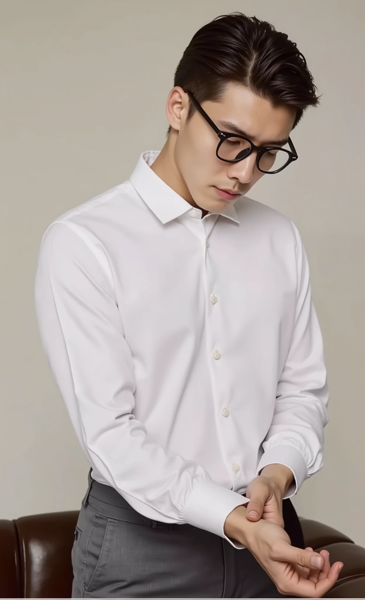 Male boss in his 28s,Slightly thinner stature,The appearance is handsome,Korean version of the small shirt,Casual attire,with long hair in takes,With gold-rimmed glasses,Arrange work next to a fashionably dressed DJ
