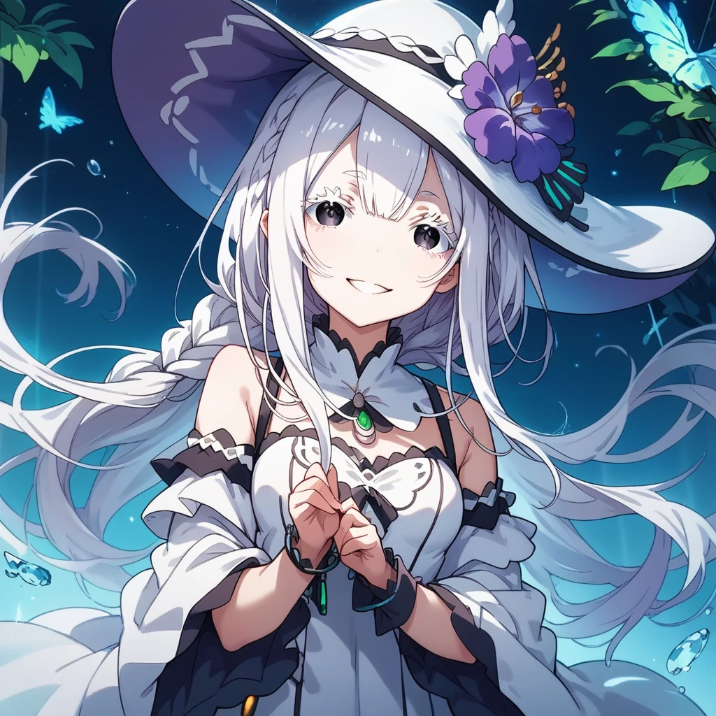 Echidna, re:zero, 1female, white hair, long hair, braid, black eyes, white eyelashes, white dress, white hat, purple flower, smile, masterpiece 、Beautiful attention to detail:1.2, Perfect lighting, (perfect hand, perfect anatomy), Precise depiction、Vibrant colors