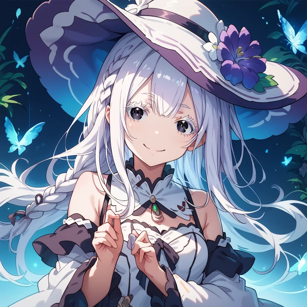 Echidna, re:zero, 1female, white hair, long hair, braid, black eyes, white eyelashes, white dress, white hat, purple flower, smile, masterpiece 、Beautiful attention to detail:1.2, Perfect lighting, (perfect hand, perfect anatomy), Precise depiction、Vibrant colors