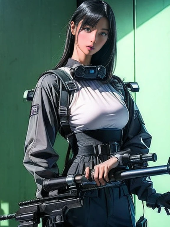 Best image quality、Amazing details、Ultra-high resolution、（realism：1.4）、（（Close：0.75））、One woman is very condensed、Beautiful and delicate face、Perfect proportions、Narrow your target audience、Small breasts）、Black Hair、（Blue tech suit）、（A cyborg compared to a police uniform、、、Black and grey mech、Military Harness、carrying a sniper rifle、Hitch Tech Flamethrower Tank Transport）、Simple grey wall in the background、
