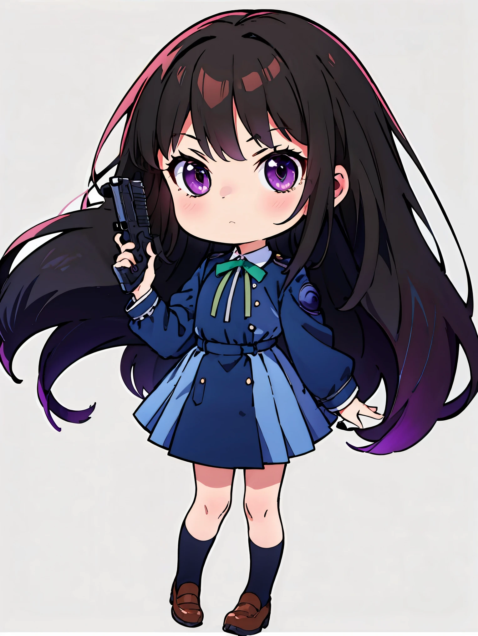 ((masterpiece, best quality, highres)), depth of field, 
BREAK, 1girl, ((chibi)), (chibi style), standing, fullboy shot, holding weapon, gun, handgun, Serious expression, 
BREAK, (white background:1.5),   
BREAK, takina inoue, purple eyes, black hair, long hair, 
BREAK, long hair, lycoris uniform, green ribbon, long sleeves, two-tone dress, pleated dress, collared shirt, kneehighs