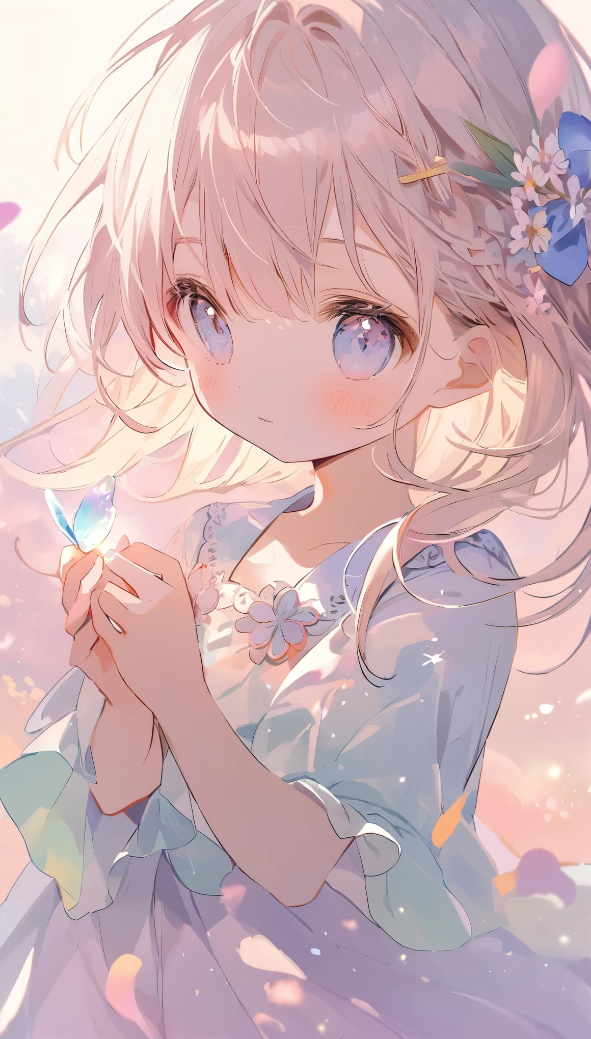 The pale lines and soft colors create a dreamy, ephemeral impression..A little fairy in the palms of a girl&#39;s hands、A fairy with wings growing from a ball of fur