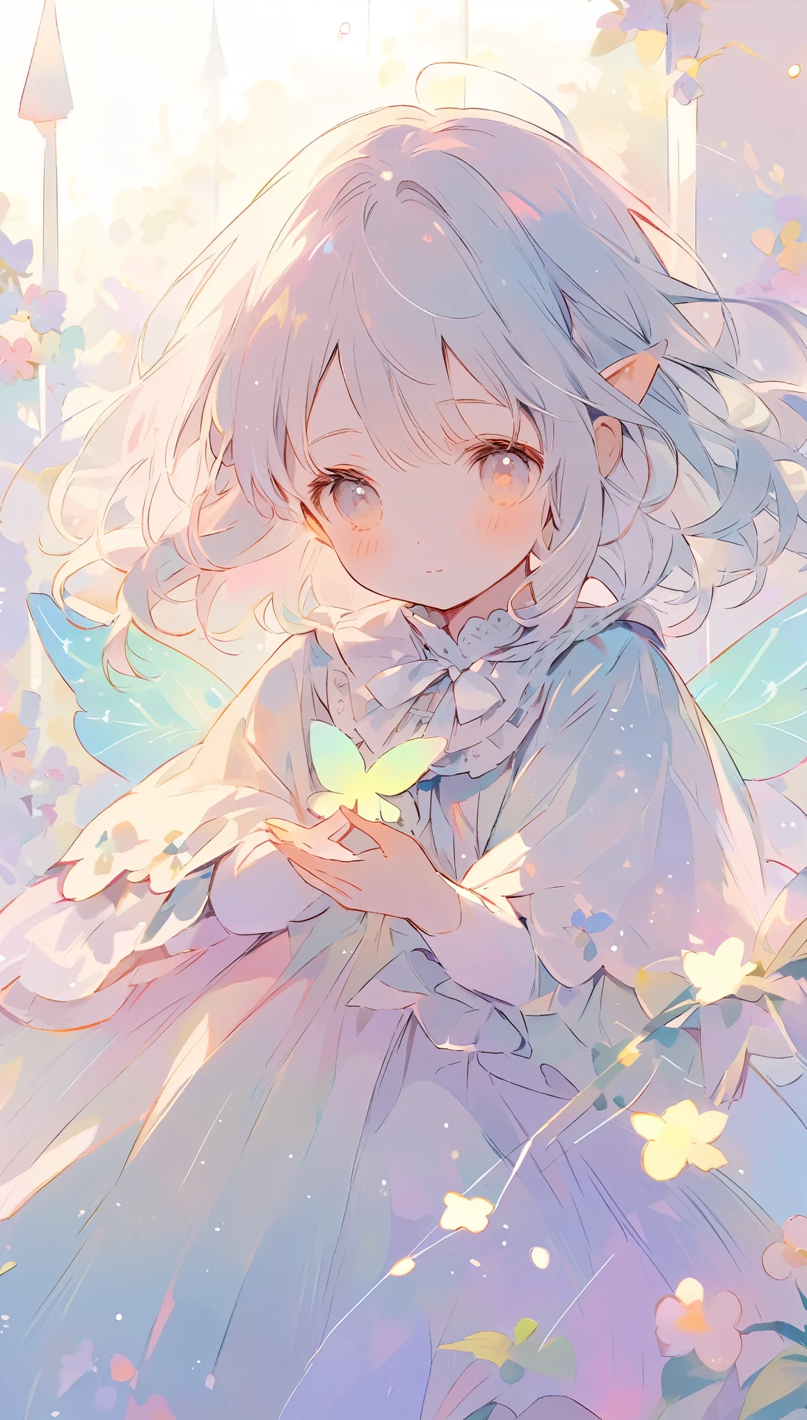 The pale lines and soft colors create a dreamy, ephemeral impression..A little fairy in the palms of a girl&#39;s hands、A fairy with wings growing from a ball of fur,Soft Works,Pink as the main colour、colorful