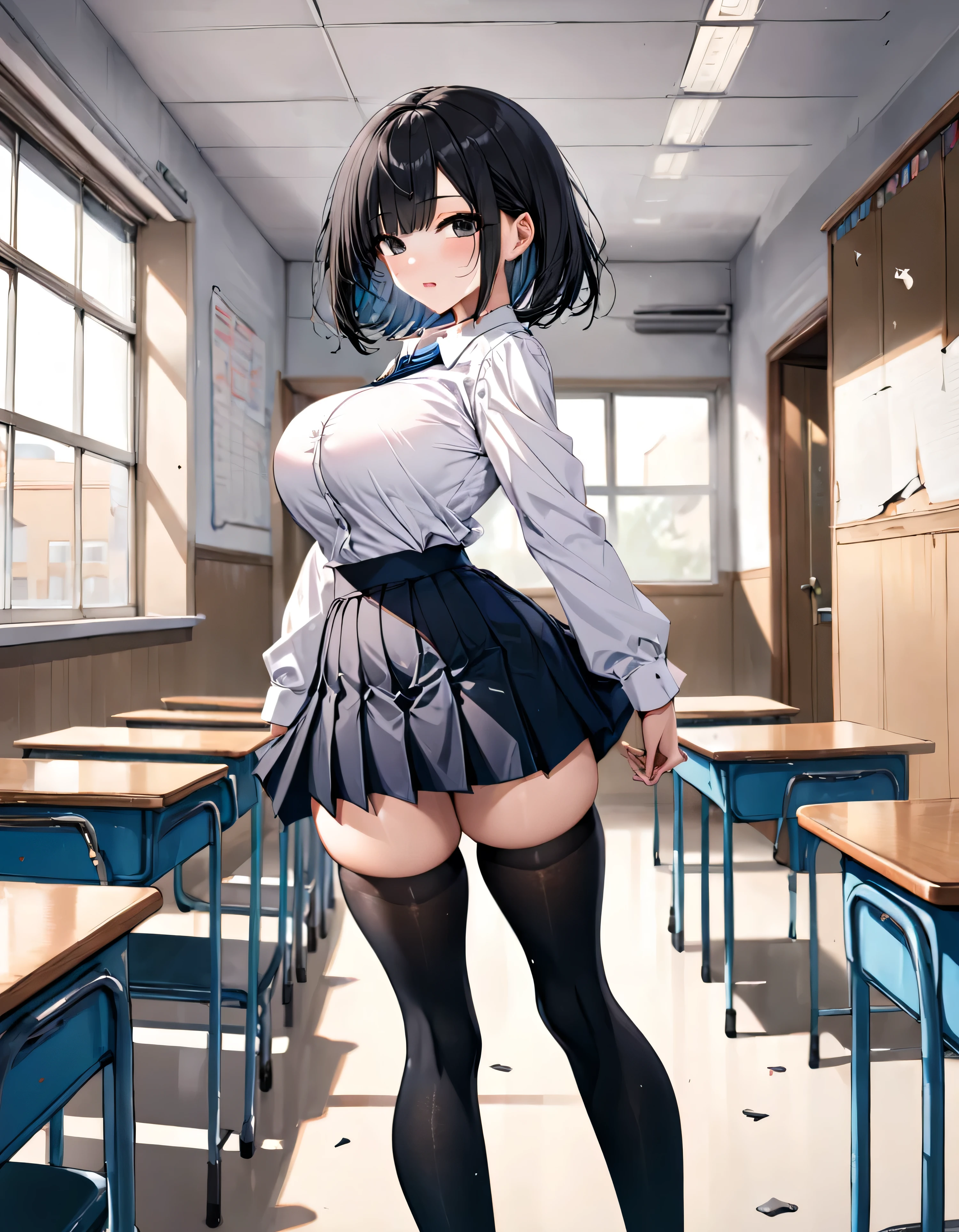 (solo), (1 skinny girl standing at school alone), (swaying back), arms behind back, tiptoe, BREAK, black bob cut, blunt bangs, (violently bouncing huge breasts:1.4), bursting huge breasts, long breasts, narrow shoulders, (very short torso), skinny narrow waist, (long skinny legs), (skinny thighs:1.2), BREAK, school uniform, (white blouse with closing chest), pleated black high-waist skirt, thigh gap, (inky-black thighhighs:1.1), BREAK, orgasm