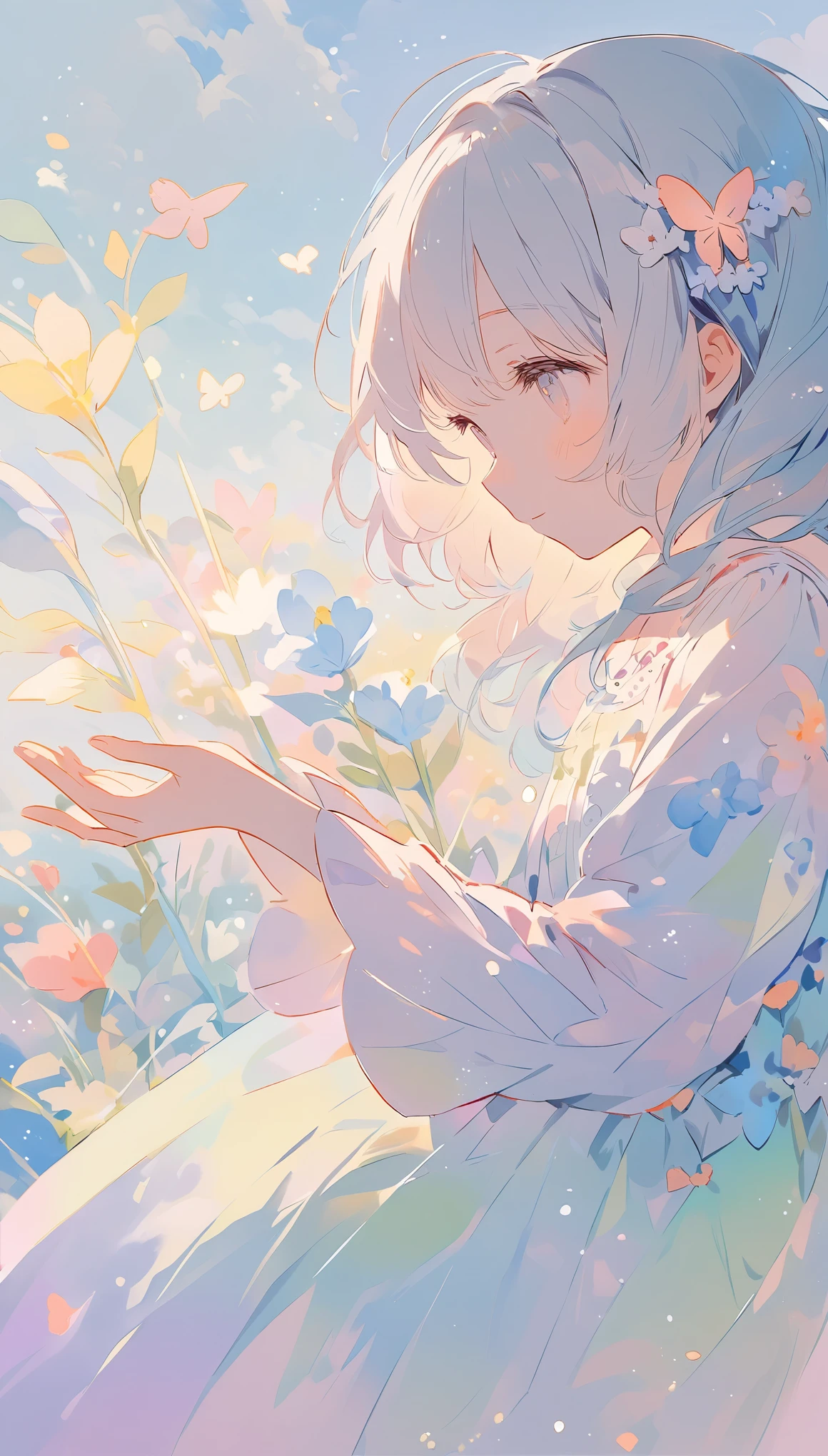 The pale lines and soft colors create a dreamy, ephemeral impression..A little fairy in the palms of a girl&#39;s hands、A fairy with wings growing from a ball of fur,Soft Works,Pink as the main colour、The colors are clearly different