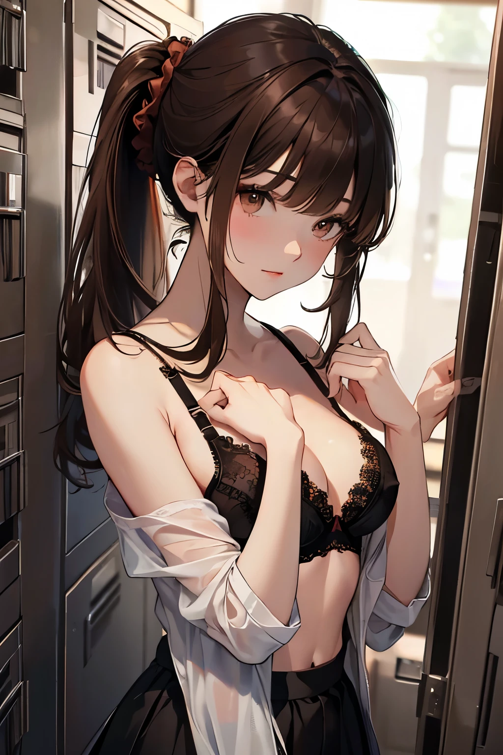 (masterpiece,best quality, ultra-detailed, high resolution, extremely detailed cg, anime picture, 8k,nsfw,) Underwear woman about to take off her shirt standing in front of a locker ,1girl, undressing,panicking,panick face,locker, navel,armpits, arms up, cleavage, beautiful skin color,bra, panties ,rose pattern print bra,rose pattern print panties, sexy underwear,fine pattern underwear,delicate pattern underwear,luxury underwear,colorful underwear,wet ,seductive smile,nose blush,big breast,imaschihiro,brown hair,red eyes,long hair
